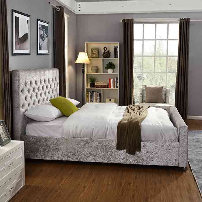 Silver Galaxy Crushed Velvet bed in a bedroom setting
